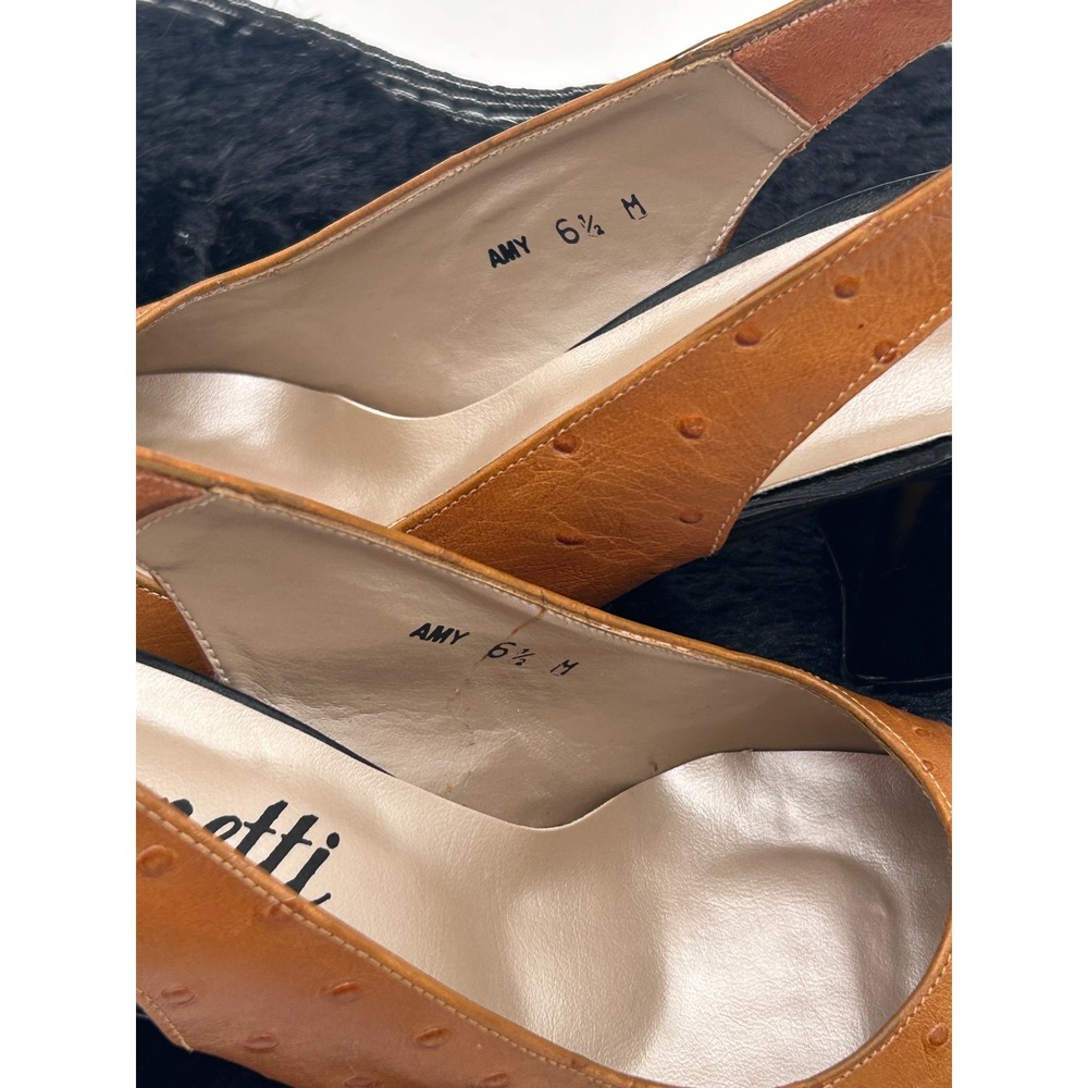 Renetti Amy Slingback Heels Ostrich Embossed Leather Black Toe Block Heel 6.5M - Picture 6 of 13
